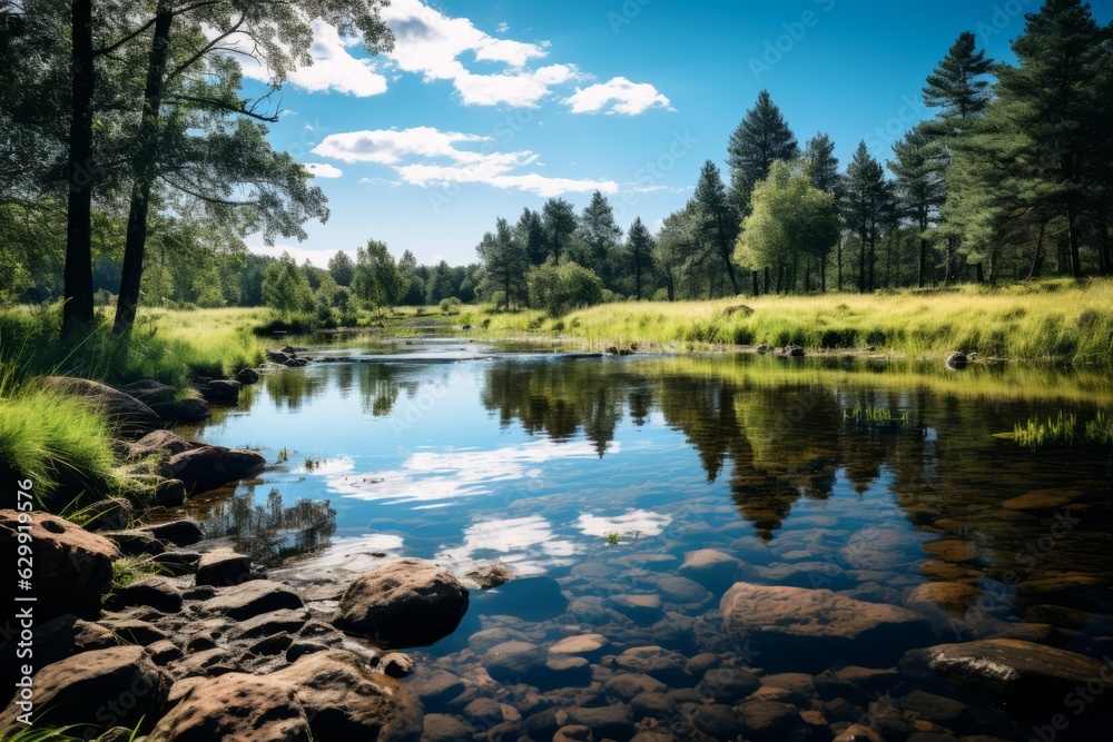 Serene Pond Reflecting a Clear Blue Sky, Generative AI Serene Pond Reflecting a Clear Blue Sky, Generative AI