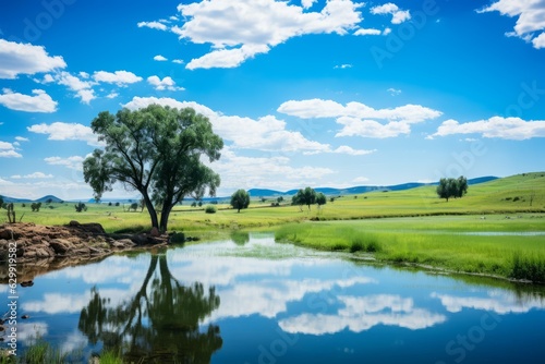 Serene Pond Reflecting a Clear Blue Sky, Generative AI © Giantdesign