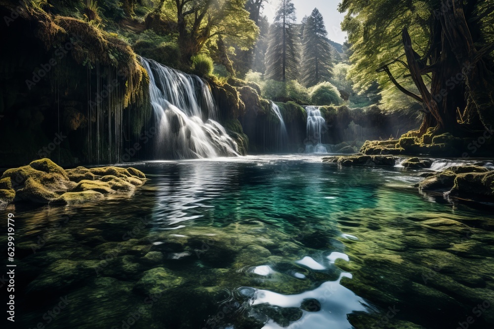 Serene Waterfall Cascading Into a Crystal-clear Pool, Generative AI
