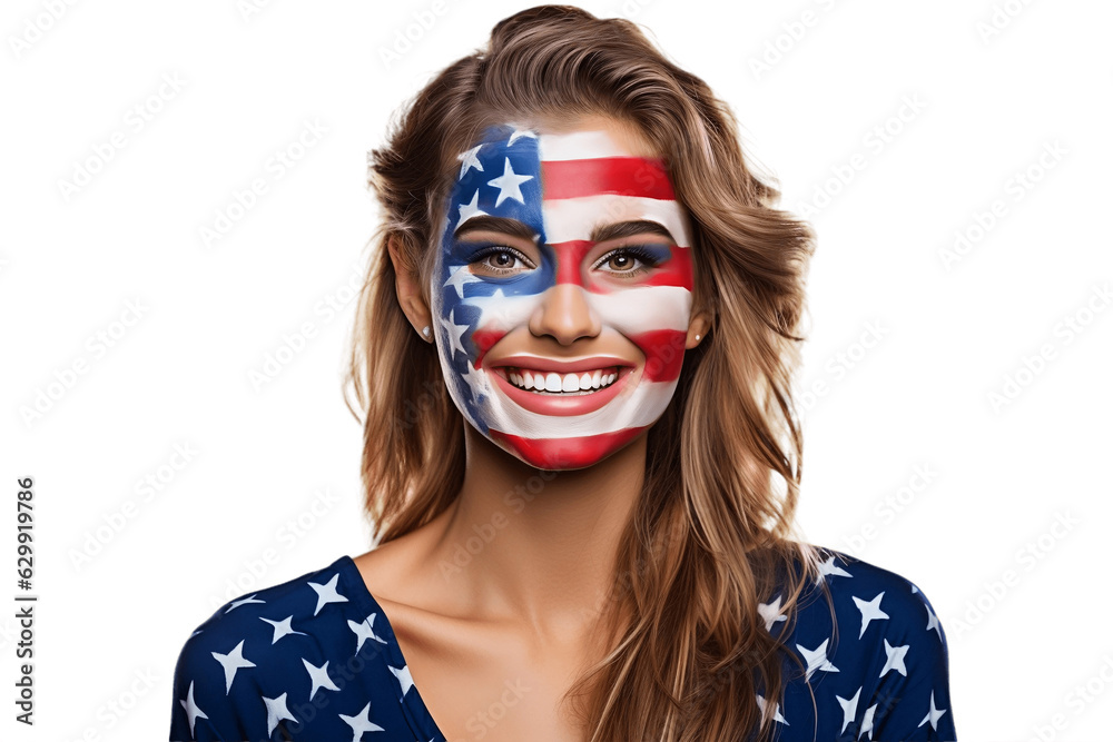Happy Female American with Face Paint American Flag on Transparent