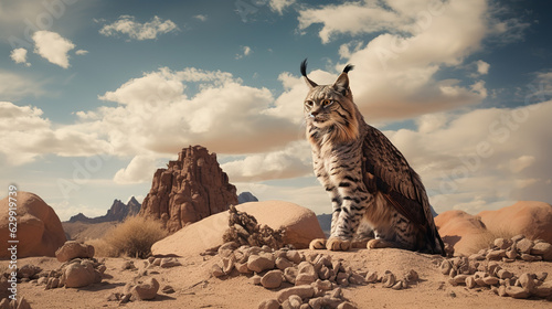 Lynx with wings on a rock in a mountainous area, ai art
