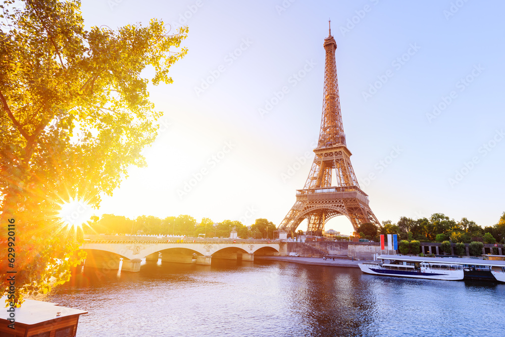 Paris, France. Eiffel Tower and river Seine at sunrise.