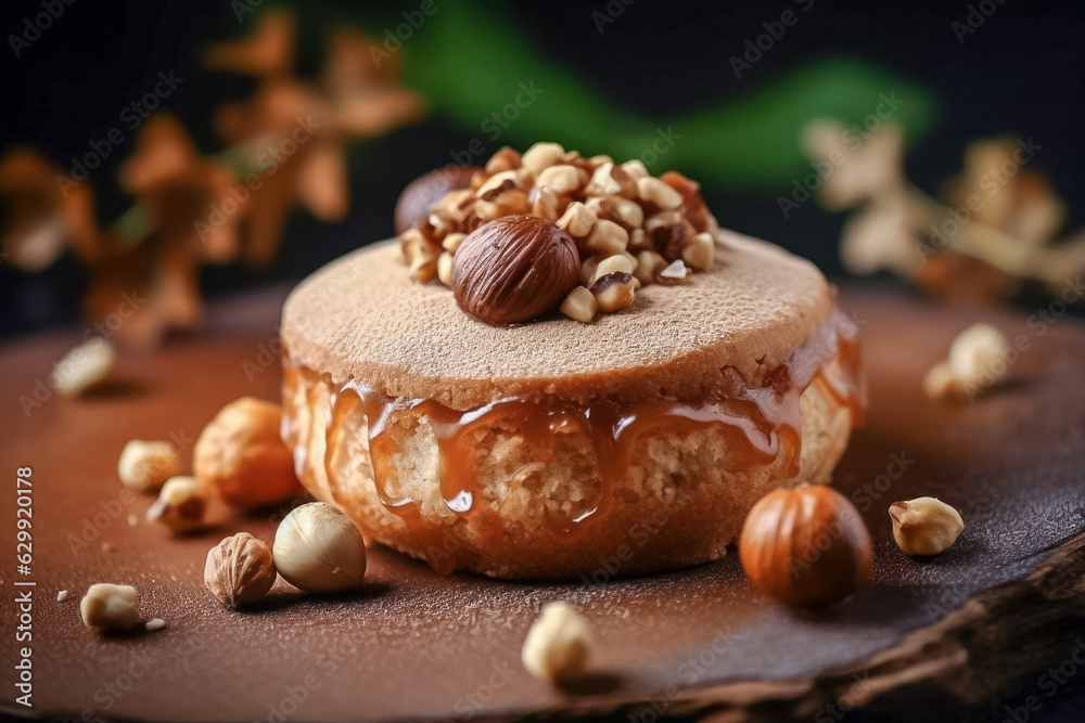 Delicious chocolate cake and nuts. Generative AI.