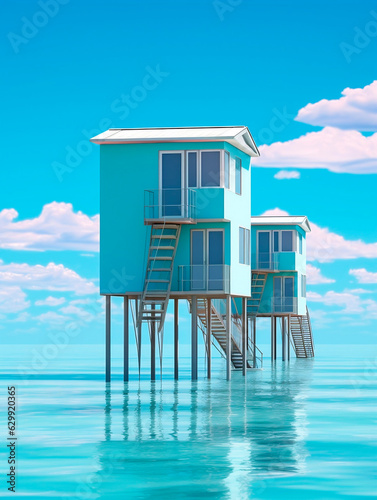 3D render of a beach house with a lifeguard tower.AI Generated © Kateryna
