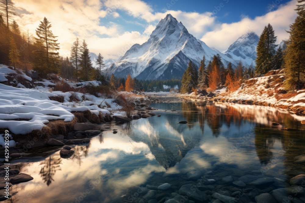 Snow-capped Peaks Reflecting in a Serene Alpine Lake, Generative AI