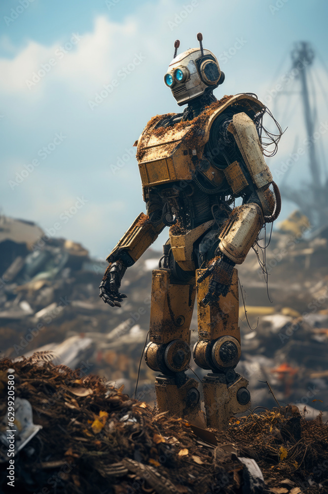 Robot standing in a landfill Robot standing in a landfill