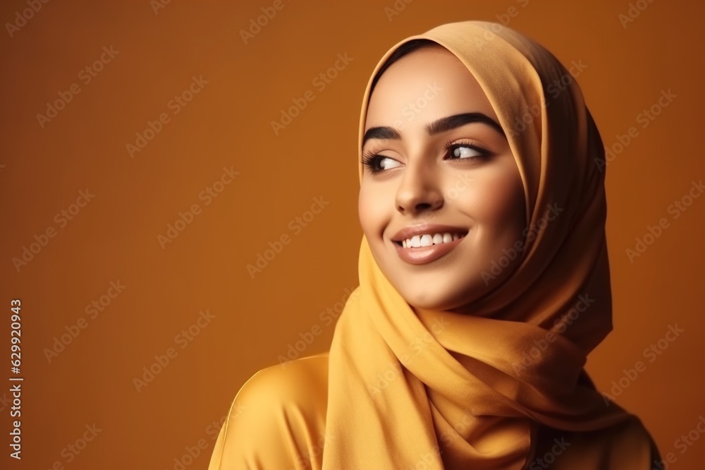 Smiling happy arab asian muslim woman in yellow hijab clothes isolated ...