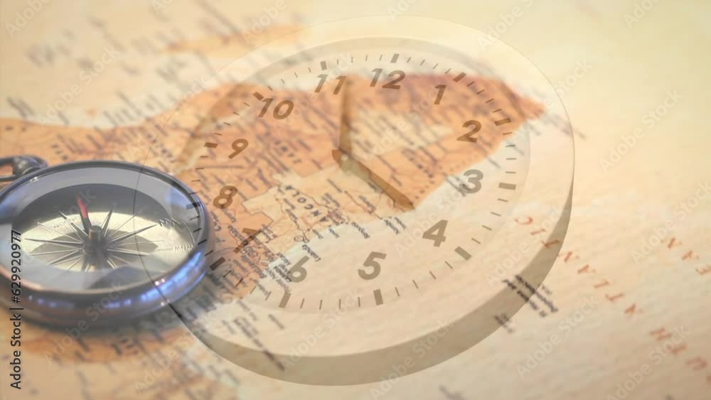 Animation of time-lapse of moving clock and overhead view of compass on map Animation of time-lapse of moving clock and overhead view of compass on map
