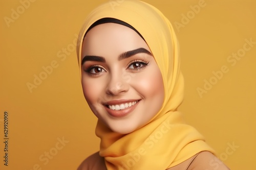Smiling happy arab asian muslim woman in yellow hijab clothes isolated on yellow background studio portrait. Uae people middle east islam religious concept. generative AI © inna717