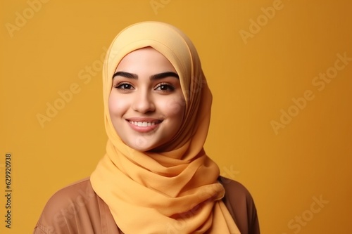 Fotografia Smiling happy arab asian muslim woman in yellow hijab clothes isolated on yellow background studio portrait