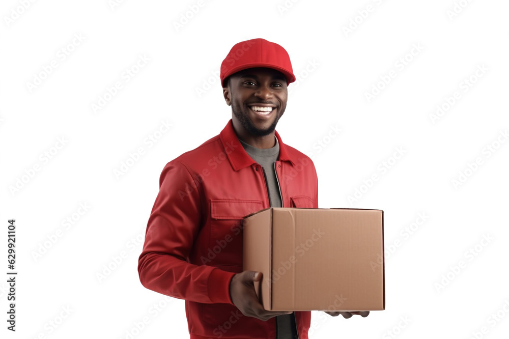 Delivery concept - Portrait of a happy African American delivery man in red uniform holding a box. Isolated on white background. copy space. generative AI Delivery concept - Portrait of a happy African American delivery man in red uniform holding a box. Isolated on white background. copy space. generative AI