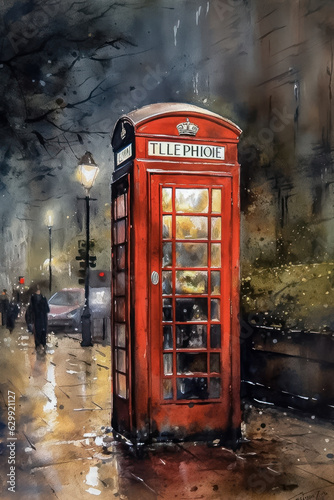 Watercolor painting of an English telephone booth in London. Generative AI.