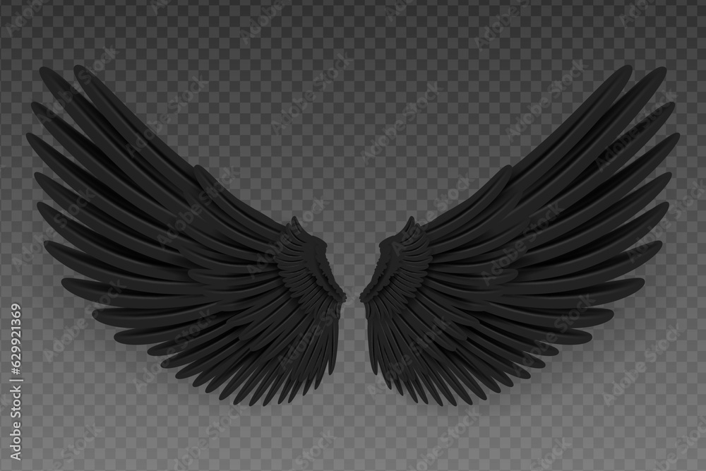 Realistic black wings. Angel black wings or bird fly wing. 3D bird wings design template. Stock