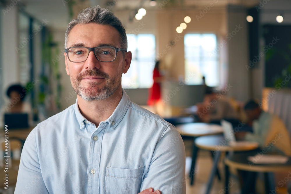Portrait Of Smiling Mature Businessman Wearing Glasses  Standing In Busy Office 