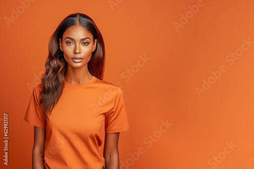 Dark skinned model posing in orange t shirt on orange background © Raveen