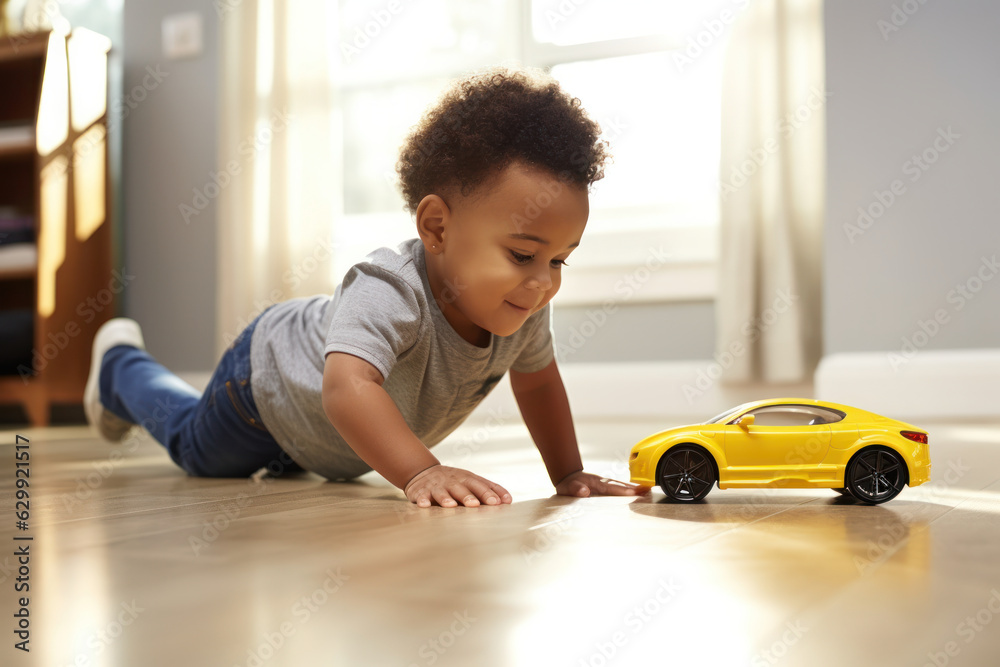 African American baby boy playing with yellow toy car at home African American baby boy playing with yellow toy car at home
