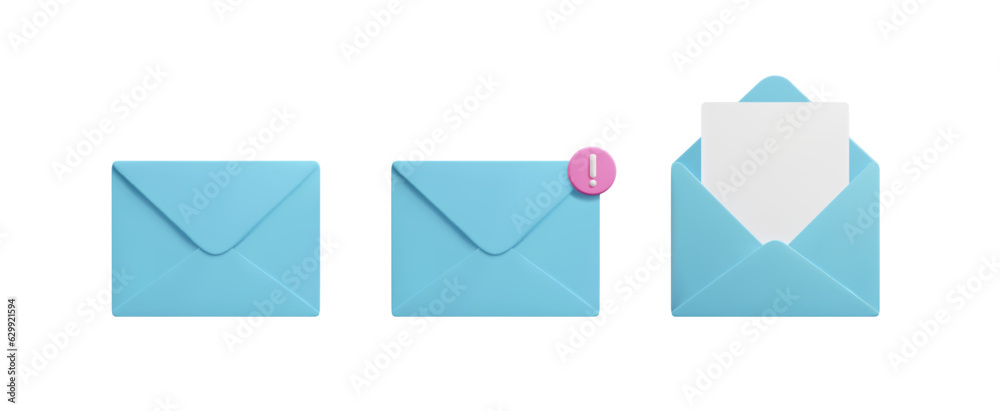 Blue 3d mail envelopes with new message mark notification isolated on white background. Cute 3d e-mail letters vector icon set render. Business communication correspondence, spam inbox notification. Blue 3d mail envelopes with new message mark notification isolated on white background. Cute 3d e-mail letters vector icon set render. Business communication correspondence, spam inbox notification.