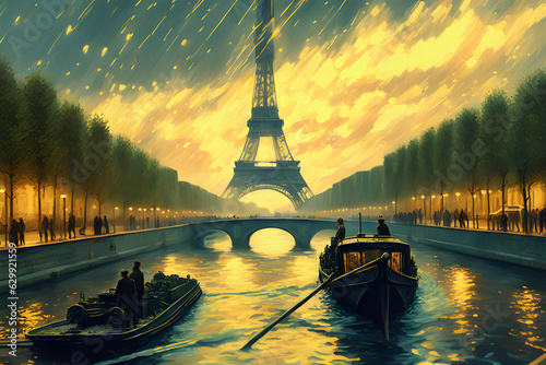 van gogh painting touch paris effel tower with seine river photo