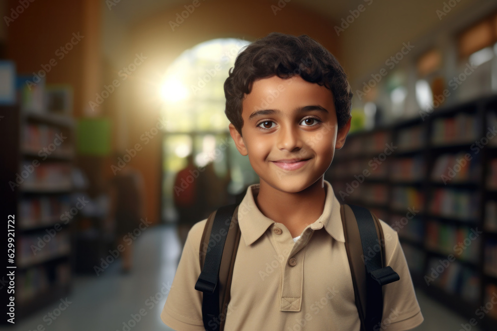 Smiling Hispanic boy in library, elementary schoolboy with backpack, standing confidently, looking at camera.