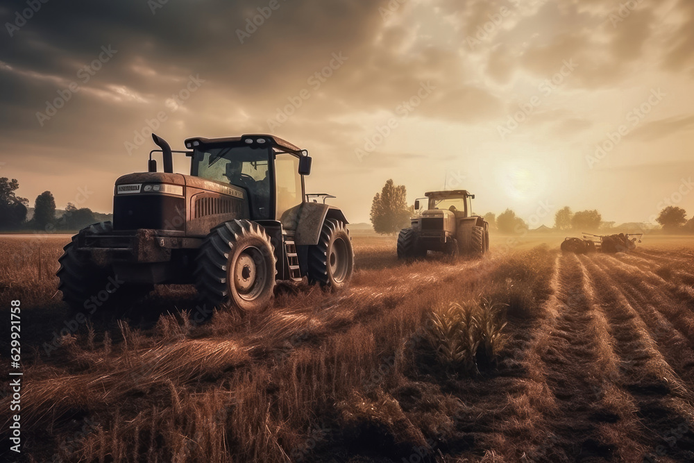 Tractors harvesting crops in a field. Generative AI. Tractors harvesting crops in a field. Generative AI.