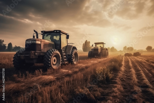 Tractors harvesting crops in a field. Generative AI.