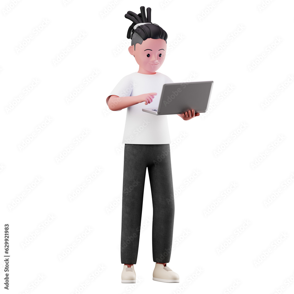 3D Character Using Laptop 3D Illustration on isolated Background PNG