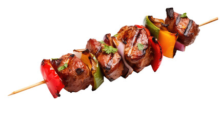One little kebab on a wooden stick with meat and vegetables. Shish kebab on skewer isolated on white transparent png background, cutout. 