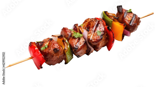 One little kebab on a wooden stick with meat and vegetables. Shish kebab on skewer isolated on white transparent png background, cutout. 