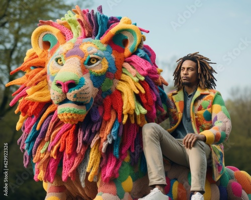 Man with Impressive Oversized Crochet Lion, Giant Colorful Knitted Animal Art Installation