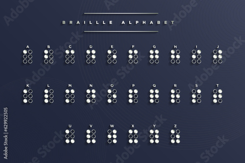 Stylish Braille English Alphabet on elegant dark blue background. ABC guide for blind and visually impaired people. Braille Letters as Dots. Vector Illustration. EPS 10.