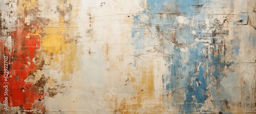 Old concreate wall with peeling paint texture of white, red, yellow and blue colors. Generative AI technology.
