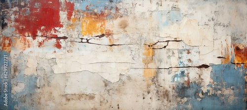 Old vintage wall with cracked paint texture of white  red  yellow and blue colors. Generative AI technology.