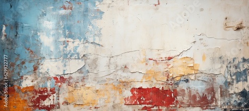 Aged wall with peeling paint texture of white, red, yellow and blue colors. Generative AI technology.