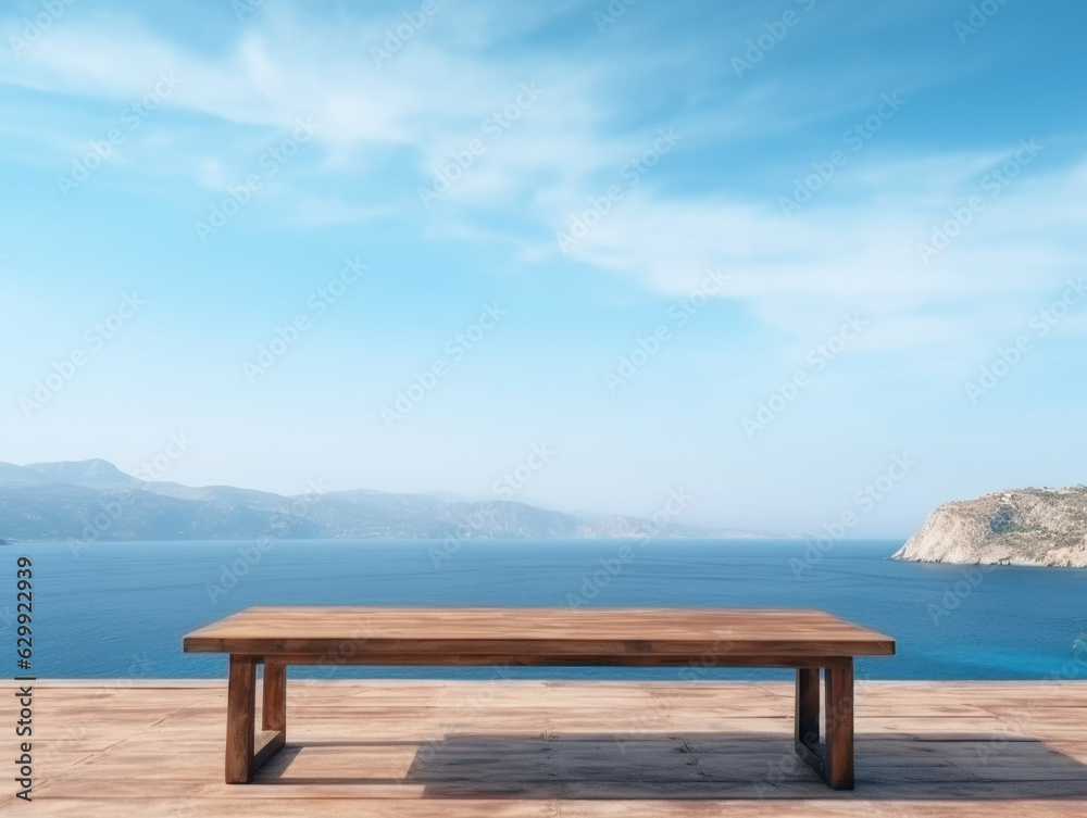 Wooden table on the background of the sea, island and the blue sky. High quality photo.