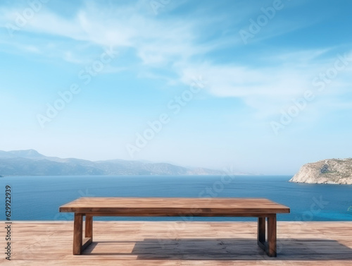 Wooden table on the background of the sea, island and the blue sky. High quality photo.