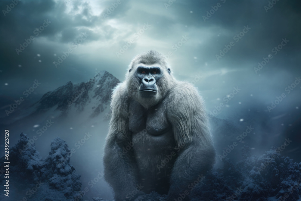 A white gorilla stands on a snowy mountain top. Animal portrait. Generative AI