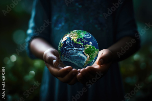 Childs hands holding earth global over blurred background. Generative AI