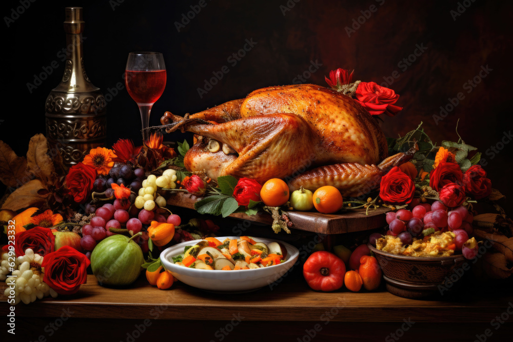 Thanksgiving dinner. Roasted turkey garnished with cranberries on a rustic style table decorated with pumpkins and vegetables. AI generated