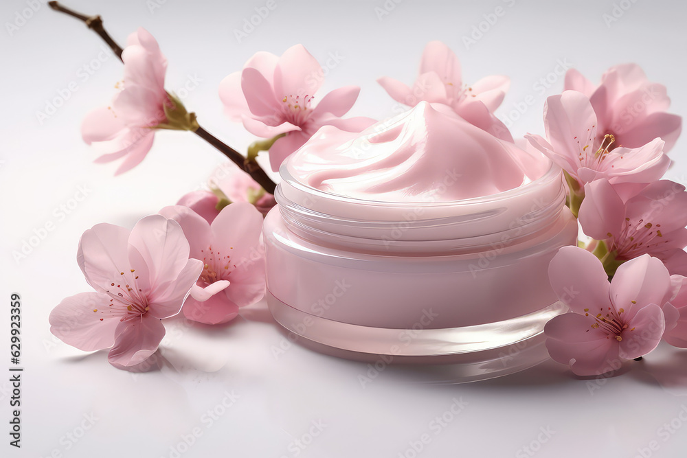 Cosmetic open round pink cream cosmetic jar decorated with spring pink sakura blossoms. Creative banner of floral natural body cream. Cosmetic open round pink cream cosmetic jar decorated with spring pink sakura blossoms. Creative banner of floral natural body cream.