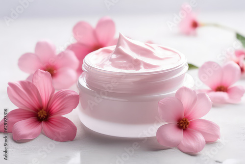 Cosmetic open round pink cream cosmetic jar decorated with spring pink sakura blossoms. Creative banner of floral natural body cream.