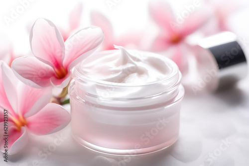 Cosmetic open round white cream cosmetic jar decorated with spring pink sakura blossoms. Creative banner of floral natural body cream.