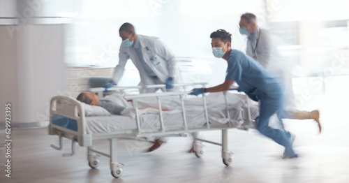 Canvas Print Doctors, team and rush with bed in hospital for healthcare emergency, surgery operation and first aid help
