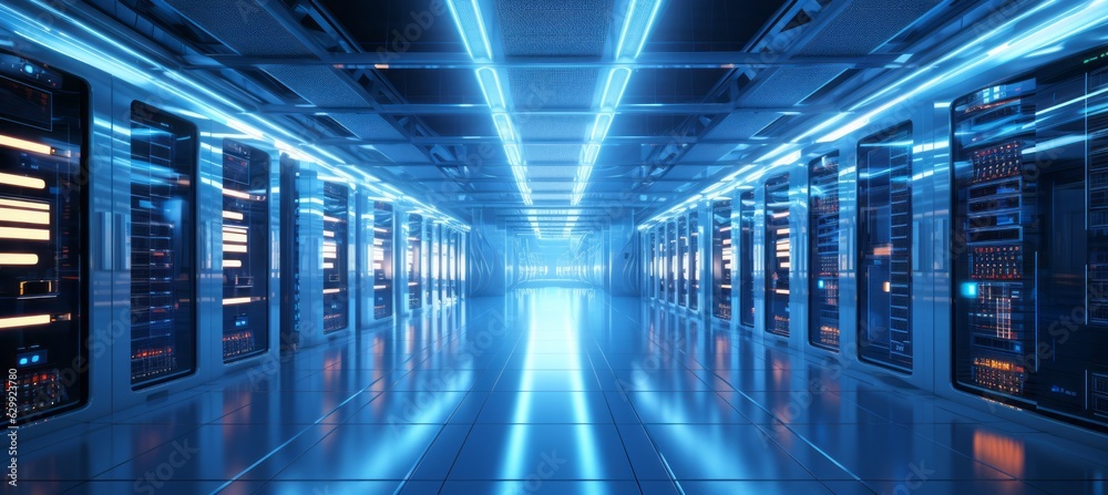 Fototapeta premium Server racks room data center background. Generative AI technology. 