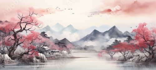 Riverside, cherry blossoms trees, and mountain landscape traditional oriental painting style background. Generative AI technology.	