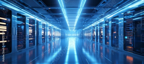 Server racks room data center background. Generative AI technology. 