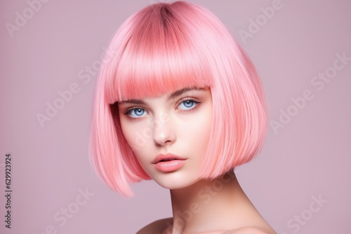 Print op canvas Beautiful girl with short pink hair Generative AI