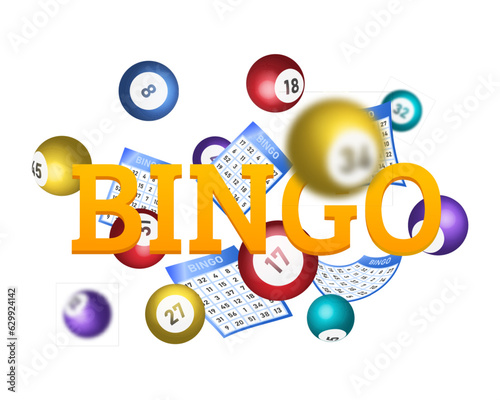 Bingo lotto game balls and lottery cards with lucky numbers. Realistic keno gambling game win poster with cards burs vector concept.