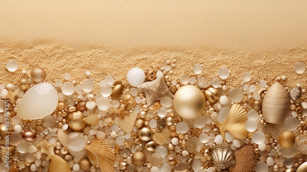 A wall of shells and seashells on a sandy beach. Digital image.