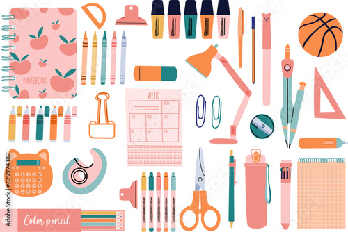 A set of school stationery and supplies in cartoon style. The contents of the student s backpack. Accessories for a workspace in style