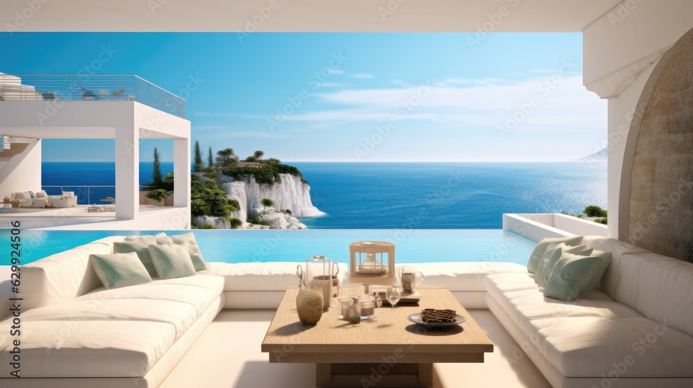 Fototapeta premium Luxurious seaside villa interior with pool and sea view.